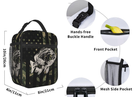 Anyako Fishing Camouflage American Flag Bass Lunch Box, Portable Insulated Lunch Bag with Detachable Handle,Reusable Lunchbox for Boys Girls Men Women Adults