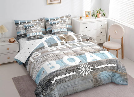 Erosebridal Lake House Comforter Set Twin Size 7 Piece,Paddle Boating Bedding Set with Sheet Set,Rustic Farmhouse Bed in A Bag Lake House Gifts for Men,Blue Grey Wooden Board Bed Set