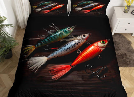 Lure Fishing Duvet Cover Set Full Size,Rustic Farmhouse Brown Wooden Comforter Cover with 2 Pillowcases,3D Fishhook for Fishing Lovers Breathable Bedspread for Boys Teens,Pillow Sham