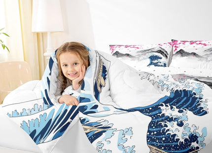 Erosebridal Japanese Style Bedding Set Pink Cherry Blossom Comforter Set Queen,Ocean Wave Duvet Insert Fuji Mountain Quilt Set,Japanese Ukiyoe Theme Quilted Comforter 3Pcs with 2 Pillowcases Soft Cozy