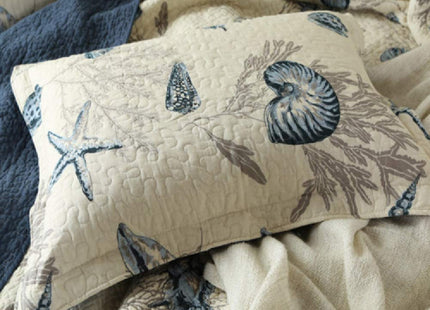 ABREEZE Nautical Theme Quilt Set with Shams Cotton Beach Bedspreads King Coastal Navy Coverlet, Sea Shell Conch Coral Starfish Oversized Quilt
