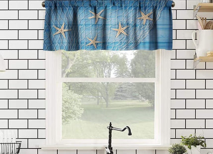 JanJCurt Starfish Seashells Window Valance, Ocean Nautical Rustic Retro Blue Wooden Board Starfish Fishing Net Blackout Valance Curtain for Living Room Kitchen Cafe, 54x18in