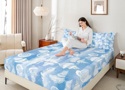 Coastal Ocean Fitted Sheet Queen Size,Boho Pattern Seashell Conch Bedding Set 3Pcs,Navy Blue Tie Dye Bed Sheet for Kids Girls Boys Adult Room Decor,Sea Beach Deep Pocket Sheet,2 Pillowcases