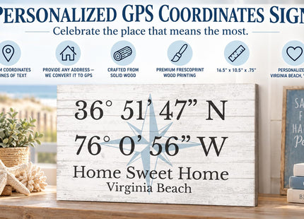 GPS Sign Personalized Location CUSTOM Coordinates Beach House or Lake Home Address Latitude Longitude Wall Art Decor - Solid Wood - 16.5" x 10.5"