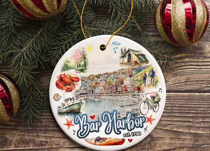 Artistic Bar Harbor Christmas Ornament, Maine Souvenir and Gift with Lobster and Acadia Art