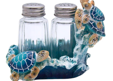 Blue Sea Turtle Salt and Pepper Set Holder, Nautical Décor, Shakers Included, 4 Inches