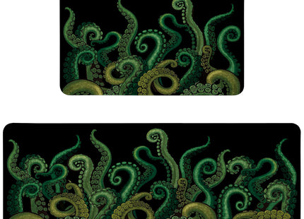 HSOWKDN Funny Octopus Tentacle Kitchen Rugs Sets of 2 Non Slip Washable, Black Cthulhu Kraken Kitchen Mats for Floor 2 Piece Home Decor