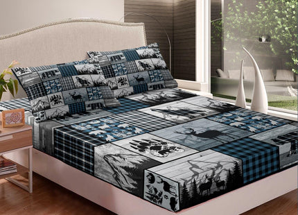 Feelyou Deer Elk Bear Wolf Sheets with Deep Pocket Fitted Sheet Blue Plaid Rustic Cabin Sheet Set Farm Forest Camping Hunting Bed Sheets Set Geometric Checkered Bedding Set Bed Set Twin Size