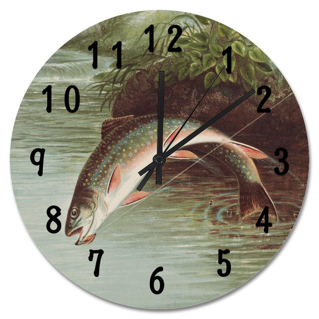 ArogGeld Rainbow Trout Fish Wall Clock Rod Inn FishingWall Clocks Battery Operated 15 Inch Quiet Non-Ticking Farmhouse Hanging Clock Modern Wall Decor for Living Room Kitchen Bedroom Office