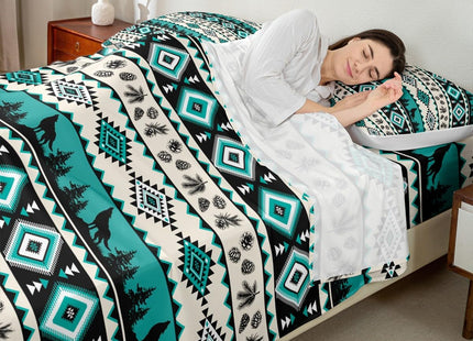 Manfei Aztec Geometric Bed Sheets Twin Size,Southwest Tribal Ethnic Easy Wash Bedding Set,Wolf Rustic Cabin Kids Room Decor,Beige Retro Sheet(Fitted+Flat+1 Pillowcase)