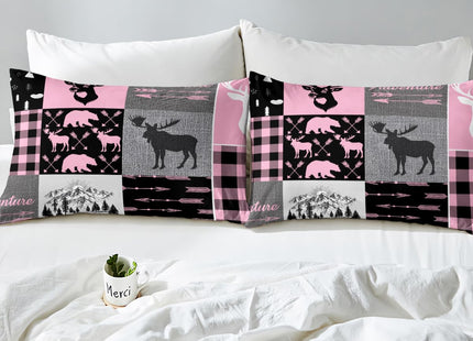 Rustic Camping Sheet Set For Boys, Hunting Elk Deer Bed Sheets Full Size Buffalo Plaid Patchwork Fitted Sheet + Lodge Woodland Farmhouse Flat Sheet For Kids Teens Adult Bedroom Decor,Pink Black Grey