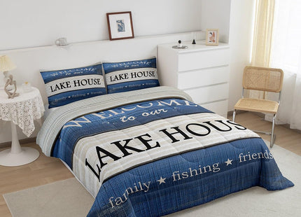 Castle Fairy Lake House Comforter Set Twin Size,Cabin Lodge Rustic Farmhouse Style Bedding Set for Kids Boys Men,Country Blue Wooden Stripes Quilted Duvet Set with 1 Pillowcase