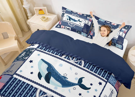 Homewish Sea Whale Duvet Cover Twin Size,Nautical Anchor Ship Rudder Plaid Comforter Cover Set for Kids Boys Girls,Navy Blue Ocean Geometric Bedding Quilt Cover Set Bedroom Decor, 2 Pieces