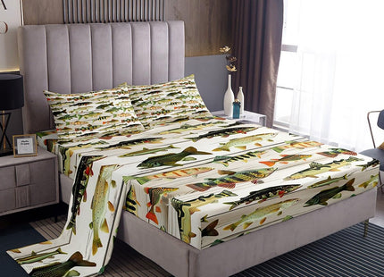 Feelyou Bass Fish Bed Sheets Set Twin Size Fishing and Hunting Fitted Sheet Beige Wood Plank Decor Bedding Set, 1 Fitted Sheet + 1 Flat Sheet + 1 Pillowcase