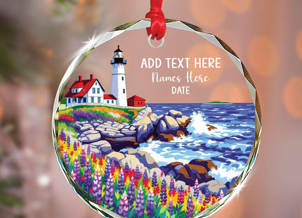 Personalized Text & Name Maine Lighthouse Glass Ornament 2026, Maine Scenic Lighthouse Ornament Gifts for Travel Lover, Custom ME Landscape Glass Ornaments Christmas, Travel Souvenir Xmas Decoration