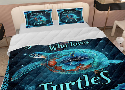 SOULZZZ Just A Girl Who Loves Turtles Quilt for Teens Boys and Girls Boho Turtle Bedding Set Twin Size Sea Turtle Ocean Animal Bed Set with 2 Pillowcases