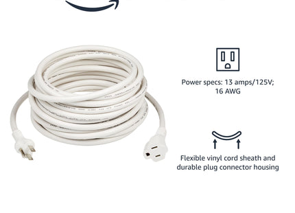 Amazon Basics Extension Cord, 20 Ft, 3 Prong Outlet Extender, Indoor Power Cord, 13 Amps, 125V, White