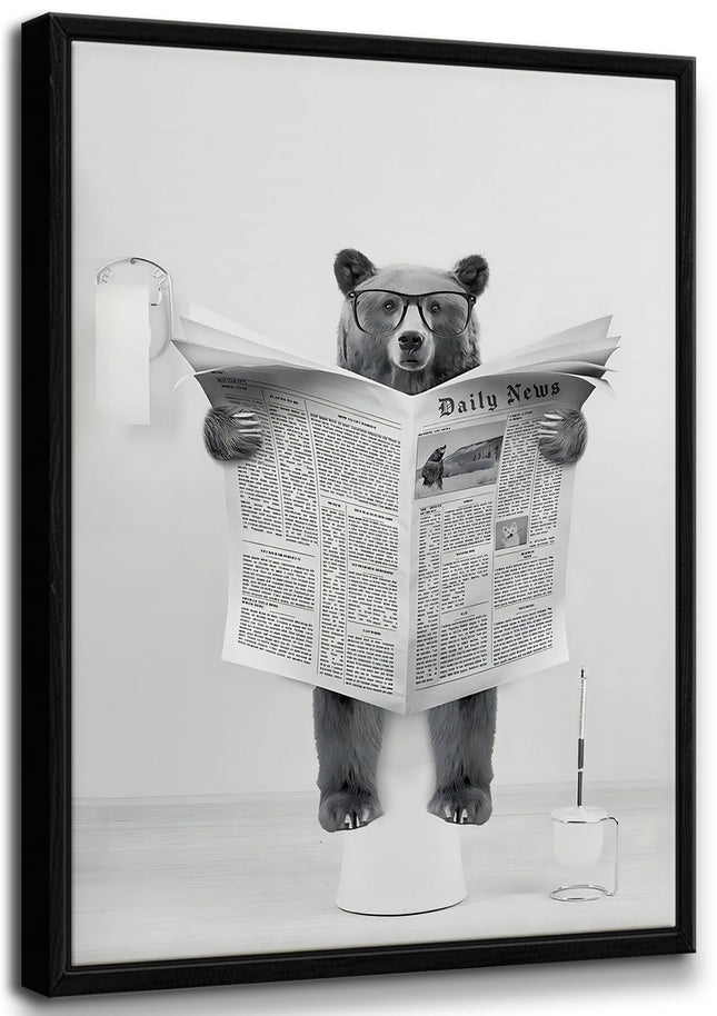 Framed Funny Bathroom Bear Wall Art Black and White Animal Wall Decor Cute Bear on Toilet Read Newspaper Poster Canvas Prints for Bathroom Restroom Home Decoration 8x10in