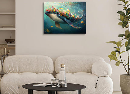 Floral Whale Canvas Wall Art Framed Bright Ocean Fantasy Decor 12x16 Inch