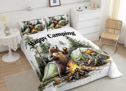 Erosebridal Happy Camping Queen Comforter Set,RV Camper Bedding Sets for Travel Trailer Bunk,Forest Bear Quilt Bed Set for Kids Adults,Rustic Farmhouse Bedroom Decor,2 Pillowcases All Season