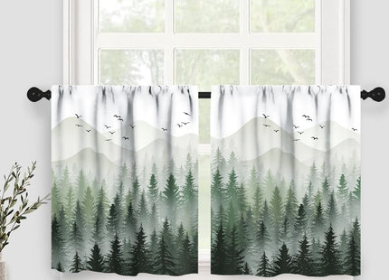 Forest Window Valance,Green Misty Forest Nature Tree Mountain Landscape Printed Window Treatments Drapes for Kitchen Bathroom Living Room Dining Room,3 Piece Set