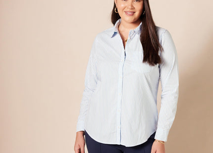 Amazon Essentials Women's Regular-Fit Long-Sleeve Button-Down Cotton Poplin Shirt, Business Casual, French Blue White Stripe, Large