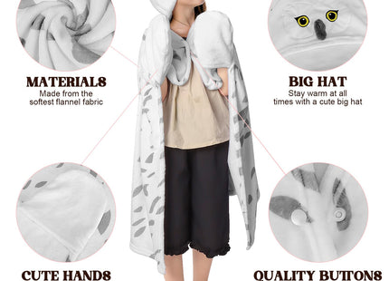 Wearable Blanket Hoodie, Snowy Owl Oversized Hooded Blanket, Soft Sherpa Blanket Owl Gift for Birthday Christmas