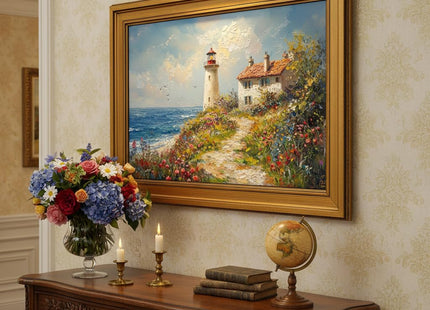 Vintage Gold Framed Island Lighthouse Canvas Wall Art 9x11 in