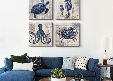 Pinetree Art 4 Panel Bathroom Wall Art Decor - Ocean Theme Canvas Prints Sea Animal Octopus Seahorse Crab Turtle Pictures Livingroom Posters - 12" x 12" x 4 pcs