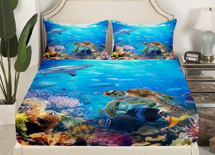 Erosebridal Sea Turtle Sheet Set Twin Size, Shark Bed Sheets, Ocean Animals Fishes Fitted Sheet, Tortoise Rainbow Coral Bed Sheets, Home Textiles Bed Cover for Teens Boys Girls
