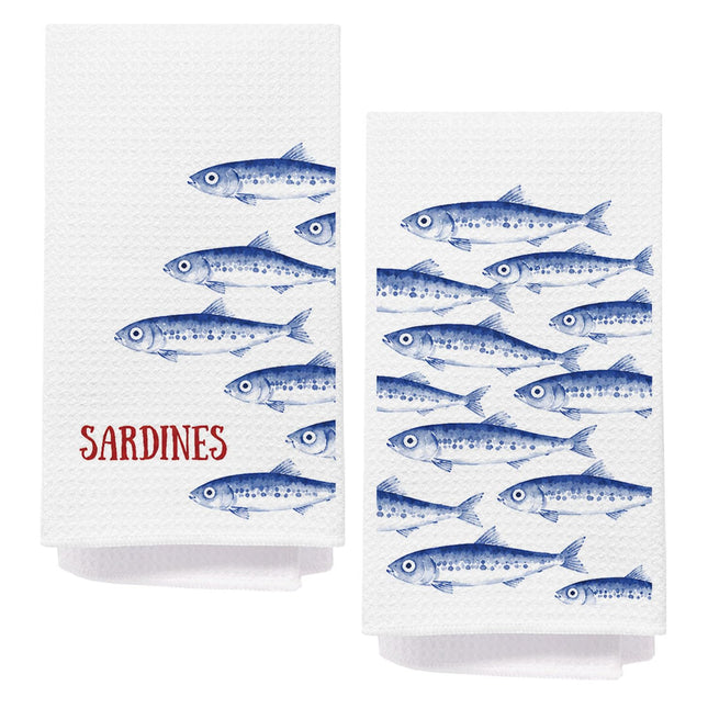 AQYIP Coastal Beach Blue Sardines Kitchen Towels, Nautical Ocean Fish Hand Towels for Bathroom Decor, Fish Themed Gifts, Beachy Sea Life Dish Tea Towel for Kitchen Decor, 16x24 Inch Set of 2