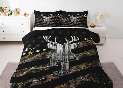 Deer Hunting Bedding Camo Antlers Bedding Comforter Sets for Boys Teens Youth Men Camouflage American Flag Comforter Set Wildlife Elk Moose Duvet Insert White Black Bedroom Decor 2 Pcs, Twin Size