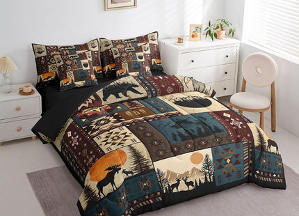 Erosebridal Bohemian Deer 7 Piece Bedding Sets Queen Bear Wildlife Hunting Theme Comforter Set Cabin Decor Buffalo Plaid Grid Bed in a Bag for Teens Retro Boho Xmas Pine Tree Sheets Geometric Quilt