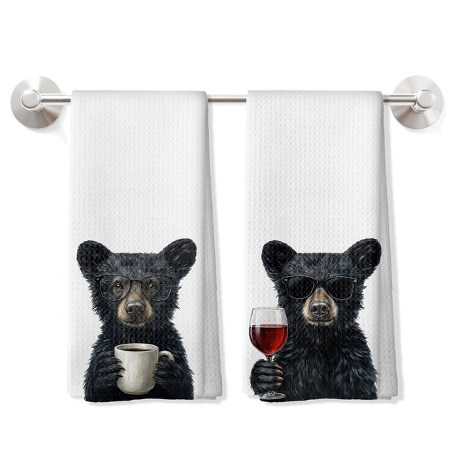 DOFQZ Funny Black Bear Kitchen Towels, Coffee and Wine Bear Dish Towels for Kitchen Decor, Cute Wildlife Lover Hand Towel for Bathroom, 16x24 Inch, CC153