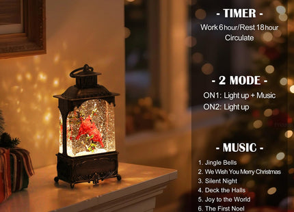 Priddop Cardinal Snow Globe Christmas Decorations Cardinal Gifts Berry Branch USB/Battery Timer Music Glitter Snowfall Lantern 10.2 inch