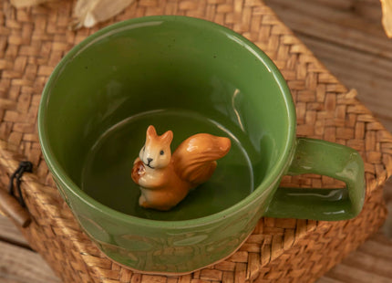 DIHOclub Farmhouse Ceramic Coffee Mug with Squirrel Figurine – Rustic Stoneware Cup, Matte Finish, Ideal for Breakfast & Home Decor (Green Squirrel)