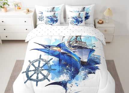 Feelyou Blue Big Pike Fishing Comforter Set with Sheets Summer Hunting and Fishing Ocean Themed 7 Piece Bedding Set Kids Boys Sailboat Compass Bass Big Fish Bed in a Bag Independence Day Queen Size