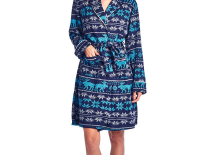 Ashford & Brooks Women's Sweater Fleece Printed Lounge Robe - Fairisle Moose Aqua - Large