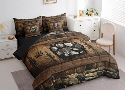 Erosebridal Rustic Farmhouse Bedding Sets,Country Camping and Hunting Twin Comforter Set with Sheets 7 Piece,Woodland Wildlife Bear Paw Deer Bed in A Bag for Boys Men,Cabin Lodge Bed Set