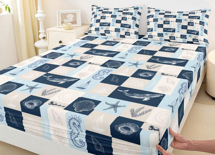 Ocean Coastal Theme Fitted Sheet Queen Size,Navy Blue Geometric Plaid Patchwork Grid Bedding Set Whale Conch Seahorse Starfish Coral Bed Sheet 3Pcs,Undersea World Deep Pocket Sheet,2 Pillowcases
