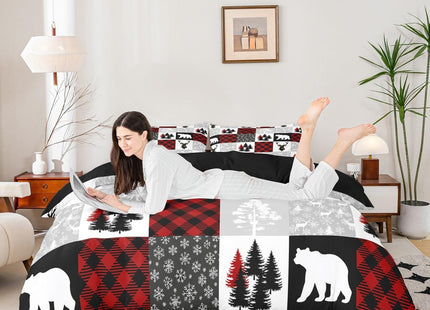 Erosebridal Christmas Duvet Cover Full for Boys Girls Wild Animal Bear Deer Print Bedding Set Christmas Decor Comforter Cover Grids Patchwork Bedspread Cover 3 Piece Winter Themed Xmas Bedding