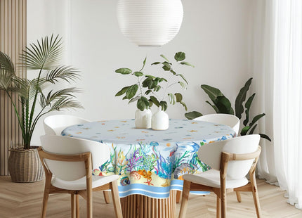 Imiss Nautical Round Table Cloth Coral Starfish Seashell Circle Tablecloth Wrinkle Resistant Washable Table Cover 60 Inch for Kitchen Dining Room Party Picnic