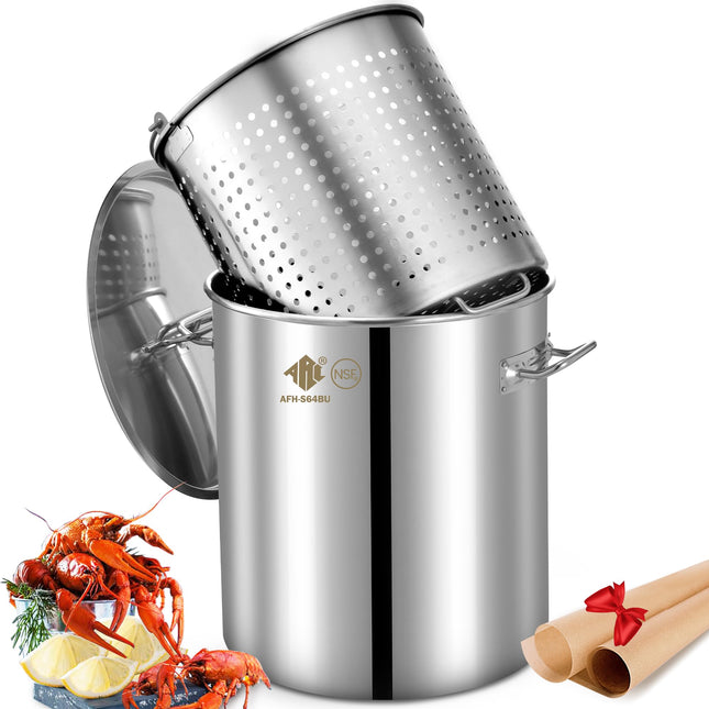 ARC 64 QT Stainless Steel Seafood Boil Pot with Basket and Two Brown Paper