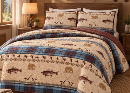 River Fly Fishing Rustic Cabin Lodge Quilt Bedspread Bedding Set with Fishing and Southwestern Plaid Tweed Patterns Blue Brown - River Lodge (King / Cal-King)