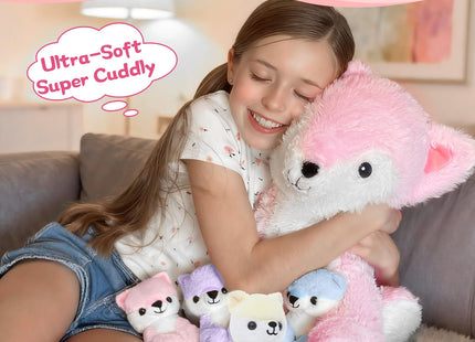 Muiteiur Pink Fox Stuffed Animal Set 5 Pcs, 20" Mom Fox Plush with 4 Babies