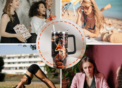 Nqhsionv Fox Tumbler with Handle and Straw 40 oz Fall Foxes Mandala Cup Coffee Travel Mug Stainless Steel Insulated Water Bottle Fox Stuff Lovers Fall Autumn Decor Gifts for Women