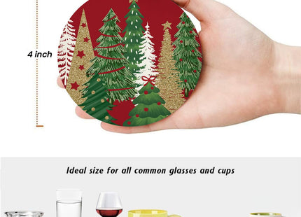 Nicegod Christmas Tree Drink Coasters Set of 6, Round Absorbent Ceramic Coaster, with Metal Holder and Cork Base, Pine Tree Xmas Red Coasters for Coffee Table Housewarming New Year's Gifts