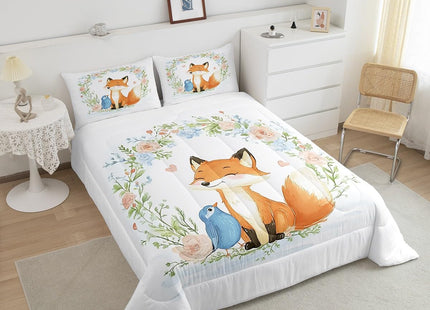 Erosebridal Kids Fox Comforter Set Twin Boys Girls Cute Woodland Animal Print Bedding Set Rose Flower Comforter Tree Branch Botanical Duvet Quilts,Watercolor Lovely Bird Wildlife Bedding Sets 2 Pcs
