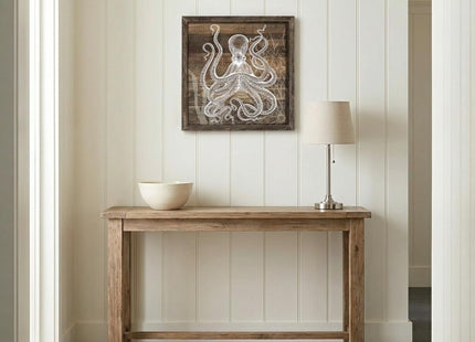 Octopus Bathroom Wall Art Decor: Ocean Sea Theme Wood Print Picture Framed Maine Life Coastal Artwork Beach Nautical Animal Painting for Bedroom Home Office 12x12 Inch