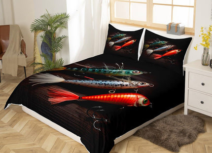 Lure Fishing Duvet Cover Set Full Size,Rustic Farmhouse Brown Wooden Comforter Cover with 2 Pillowcases,3D Fishhook for Fishing Lovers Breathable Bedspread for Boys Teens,Pillow Sham